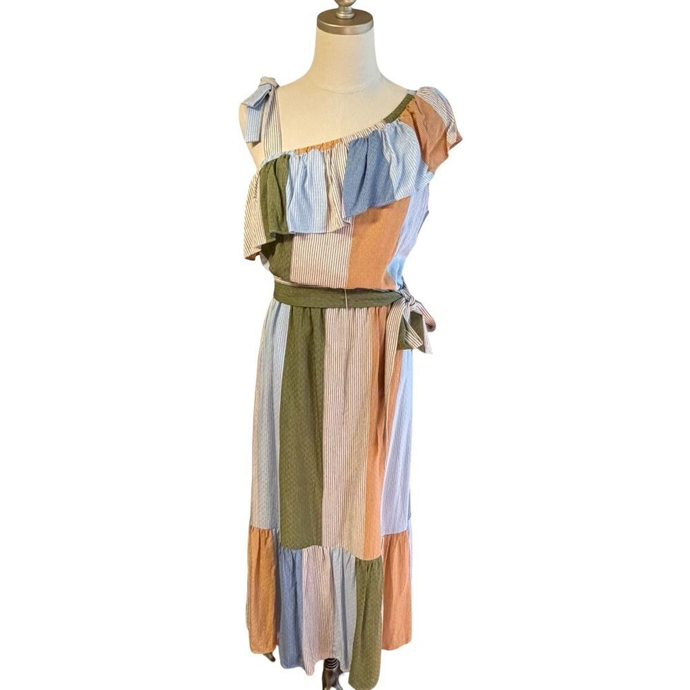 Lauren Conrad Womens Striped Boho Midi Dress Size M Beach Resort Cottage Ruffle